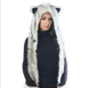 White Wolf Hood Faux Fur Hat with scarfs mittens & paws 3 in 1
